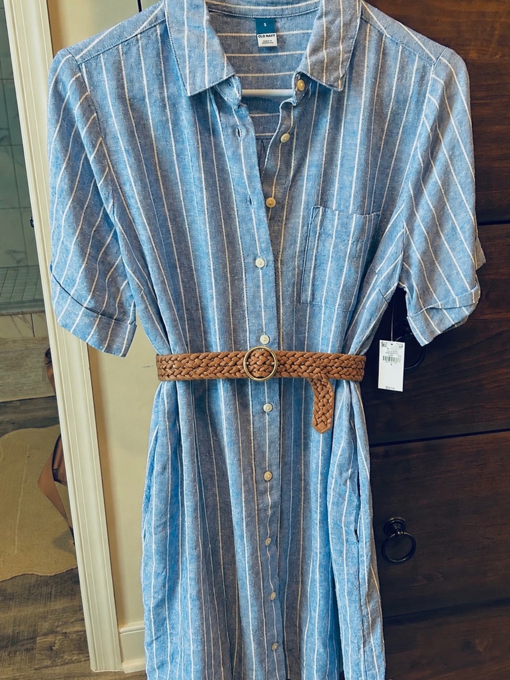 Old Navy Blue and White Striped Midi Shirt Dress